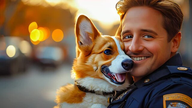 A smiling police officer lovingly holds a happy Corgi dog, with a warm sunset in the background