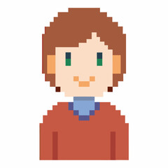 Pixel Art Character with Brown Hair and Blue Eyes in Red Sweater and Blue Shirt