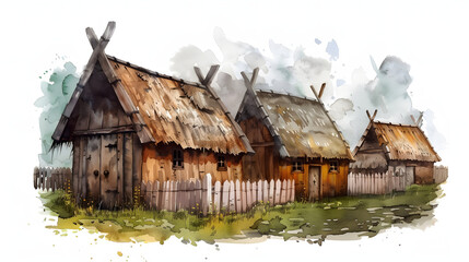 Wooden Palisade Viking buildings Watercolor