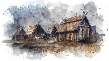 Wooden Palisade Viking buildings Watercolor