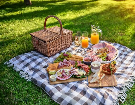 a stylish picnic spread on a checkered blanket in a lush park Highlight gourmet sandwiches, charcuterie, and refreshing drinks Perfect for a summer lifestyle catalogs centerfold