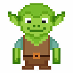 Obraz premium Pixel Art Green Alien Character with Pointy Ears in Brown Outfit