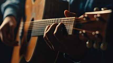 Fototapeta premium A detailed shot of fingers strumming an acoustic guitar, highlighting the rhythm, passion, and creativity of the musician