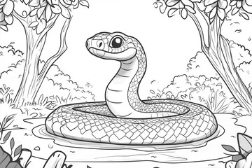 Fototapeta premium Large snake under the trees, for coloring. Child development concept, anti-stress.