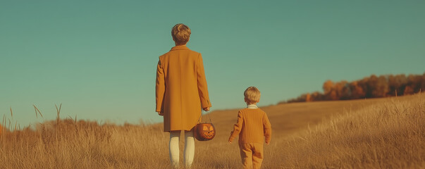 Halloween concept. Two kids wearing stylish clothing walking in the field looking for treats. Retro, vintage, analog film style. Banner. Text space. Outdoor shot
