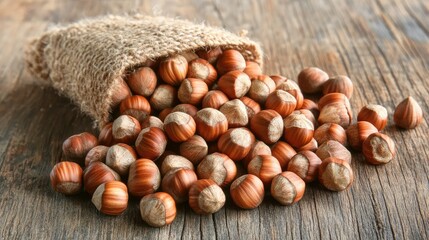 A handful of hazelnuts on a wooden table, showcasing their natural, nutrient-rich qualities, perfect for a healthy food and nutrition concept