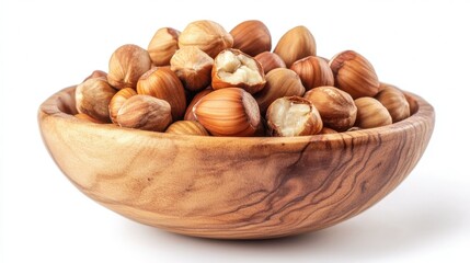 Fototapeta premium A handful of raw hazelnuts in a wooden bowl, showcasing healthy nutrition, isolated on a clean white background for a healthy food concept
