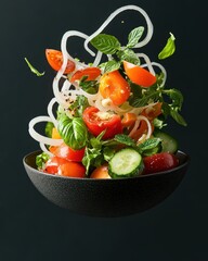 Image of Fresh salad with vibrant vegetables, herbs, and noodles, beautifully presented on a dark background for culinary appeal. printed on Printed Glass Splashbacks