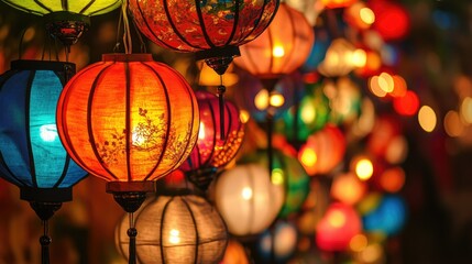 A mesmerizing array of lampion lamps hanging in rows, casting a warm glow and creating a vibrant festival atmosphere