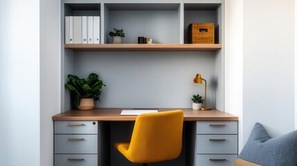 A small, cozy office nook with a built-in desk, a comfortable chair, and wall-mounted storage, office nook, built-in, cozy