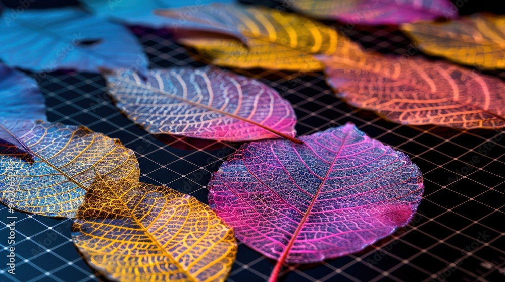 Poster close-up of colorful transparent leaves arranged in a grid pattern, showing detailed veins and vibra