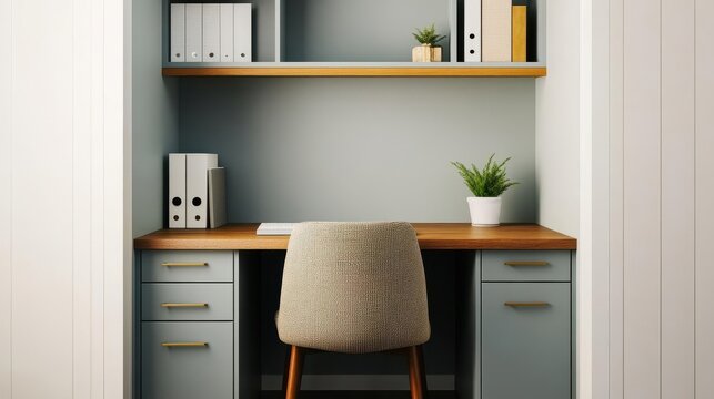 A small, cozy office nook with a built-in desk, a comfortable chair, and wall-mounted storage, office nook, built-in, cozy
