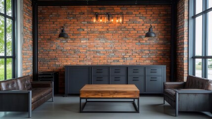 An industrial-style office room with exposed brick walls, metal furniture, and vintage lighting, office room, industrial, vintage