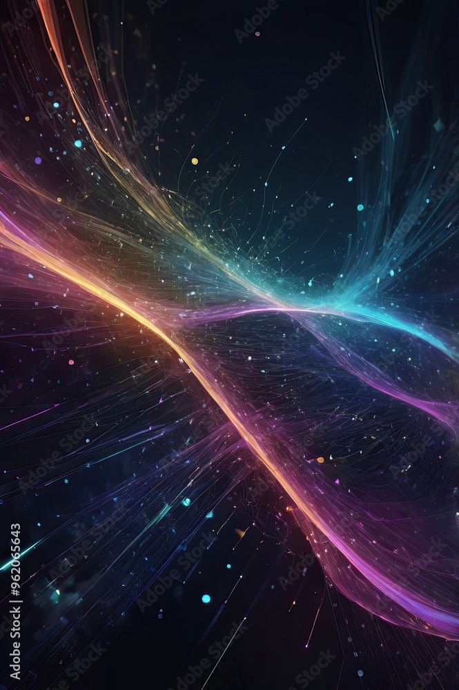 Poster colorful abstract light trails intertwining in a dark background, creating a vibrant and dynamic vis