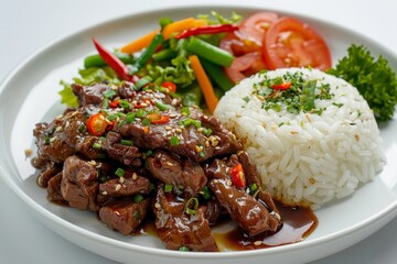Fototapeta premium A beautifully plated dish of beef teriyaki with steamed rice and vegetables
