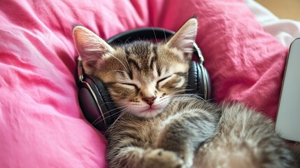 Adorable kitten fast asleep with headphones over its tiny ears, lying on a pink pillow, with a phone, showing a humorous pet moment