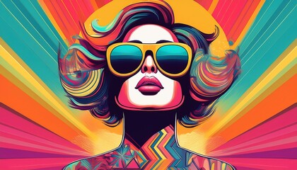 Capture the essence of Retro Summer Vibes with a frontal view illustration, blending vibrant colors and funky patterns in a digital glitch art rendering