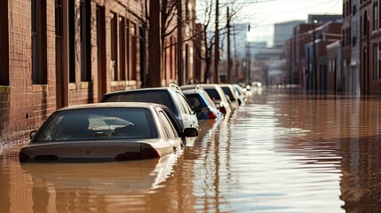 Abandoned cars submerged in water on a downtown Nashville street, capturing the sudden and overwhelming nature of the flood