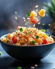 Vibrant rice dish with colorful vegetables and pineapple, garnished with herbs for a fresh and appetizing presentation.