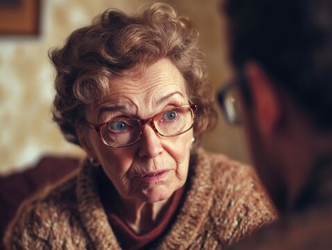 Elderly Woman in Contemplative Conversation