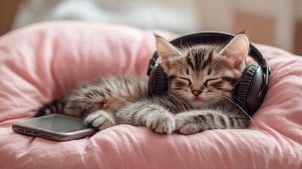 Naklejka premium Adorable kitten snuggled on a pink pillow, headphones on, with a phone nearby, showcasing a funny and comforting pet scene