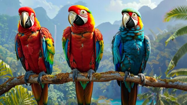 Colorful parrots perched on a branch in a lush rainforest setting during daylight hours
