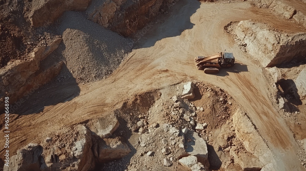 Wall mural Aerial shot of heavy machinery working in a limestone quarry, showcasing the rugged terrain and the scale of mining operations