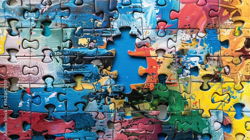 Poster a colorful jigsaw puzzle with one piece missing, symbolizing the concept of completion and teamwork.