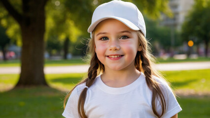 Little girl wearing white t-shirt and white baseball cap standing in the park