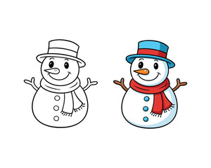 snowman with hat and scarf coloring page for kids,Vector black and white illustration isolated on white background.