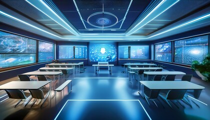Design a futuristic classroom with holographic displays, interactive touchscreens, and AI-driven teaching tools, showcasing the integration of technology in education