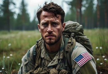 Obraz premium A close-up of a soldier with a determined expression, representing personal courage, resilience, and the emotional strength required in military service