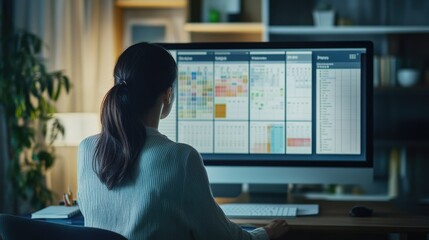 Businesswoman organizing her weekly schedule on a virtual calendar, ensuring all meetings, tasks, and deadlines are efficiently planned