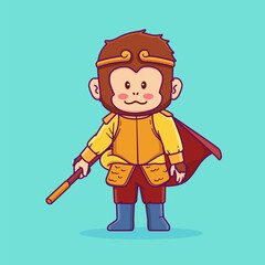 Cute Cartoon of Sun Wukong The Monkey King Poses Standing With A Stick Rod.