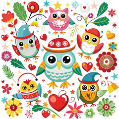 Fototapeta premium Cute Cartoon owls with Santa hat, butterflies, heart, glasses, Flower on white background. Vector illustration.