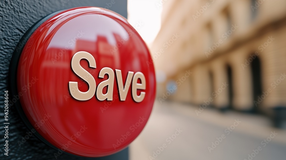 Poster a close up of a red button with the word save on it, ai