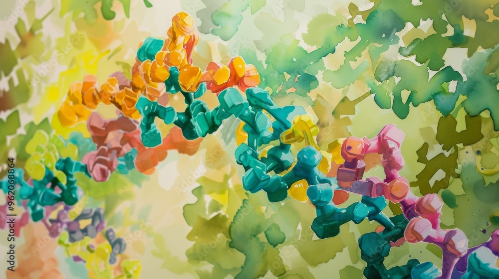 Poster an abstract representation of a dna model with vibrant colors and artistic watercolor-style brushstr