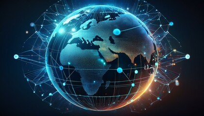 Obraz premium Info-sphere A stunning portrayal of the world's information ecosystem, with pulses of data encircling the globe.