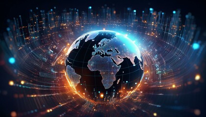 Obraz premium Info-sphere A stunning portrayal of the world's information ecosystem, with pulses of data encircling the globe.