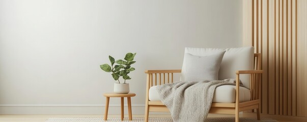 A Scandinavian-style reading nook with light wood furniture, a cozy blanket, and a minimalist design, reading nook, Scandinavian, minimalist