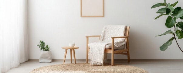 A Scandinavian-style reading nook with light wood furniture, a cozy blanket, and a minimalist design, reading nook, Scandinavian, minimalist