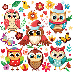 Naklejka premium Cute Cartoon owls with Santa hat, butterflies, heart, glasses, Flower on white background. Vector illustration.