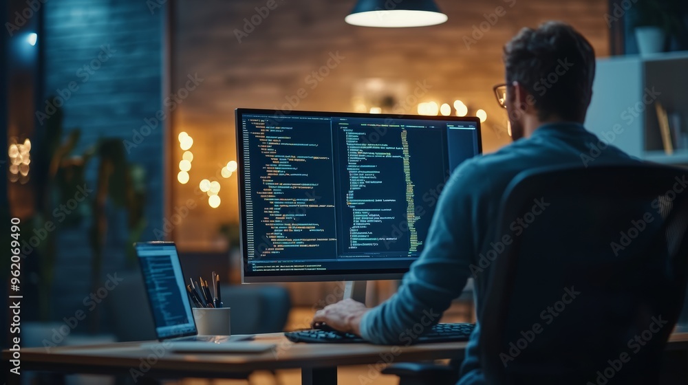 Fototapete Developer working on code in a quiet office setting with code displayed on monitors.