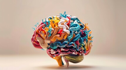 A colorful and abstract brain sculpture made of various materials, with intricate details and textures.