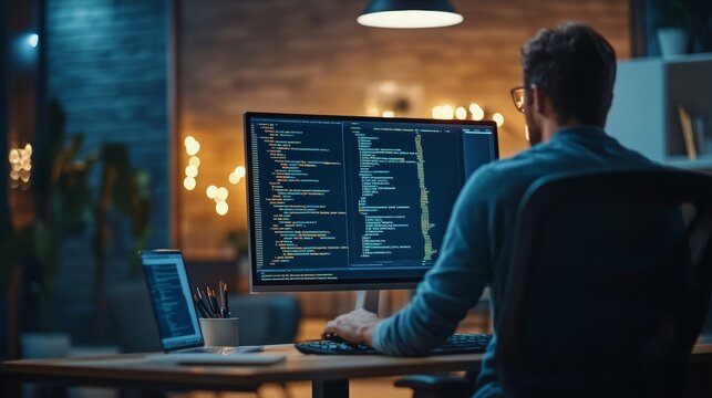 Developer working on code in a quiet office setting with code displayed on monitors.