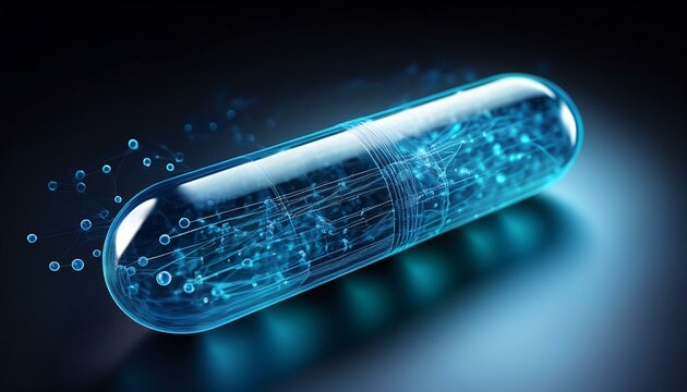 Produce a futuristic, CG 3D illustration of a personalized medicine capsule, showcasing intricate details and a sleek, high-tech design