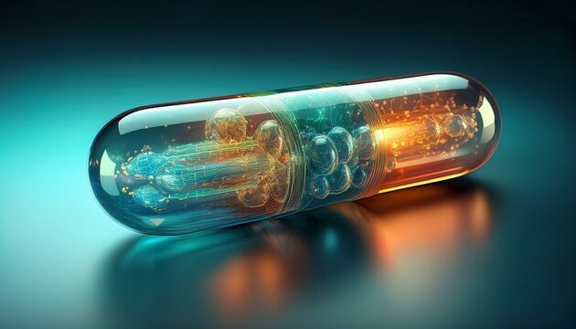 Produce a futuristic, CG 3D illustration of a personalized medicine capsule, showcasing intricate details and a sleek, high-tech design