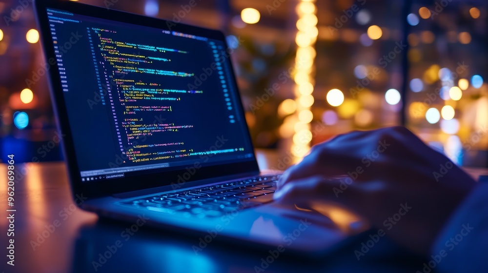 Aufkleber Back view of a programmer working on code in a home office at night. Cozy software development environment with warm lighting.