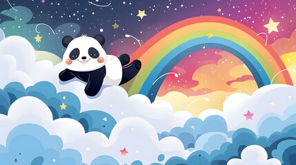 Naklejka premium Cute Panda Bear on Clouds with Rainbow and Stars