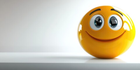 A cheerful yellow smiley face with big expressive eyes sitting on a minimalist white shelf, embodying joy and positivity in a bright and simple setting